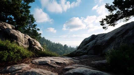 Fototapeta premium A panoramic view featuring rocky terrain and lush greenery against a bright cloud filled sky