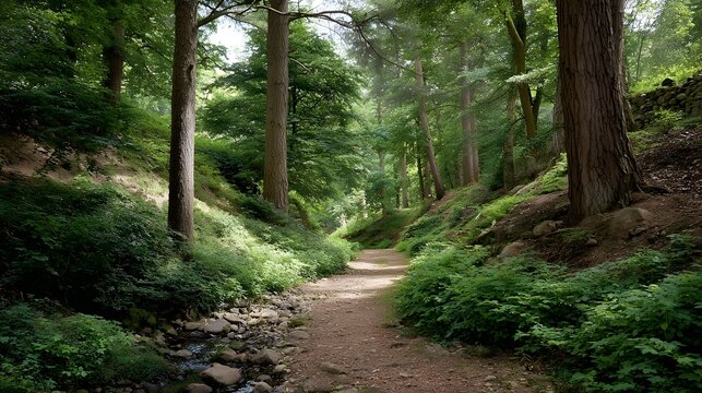 A winding dirt pathway through a dense temperate forest framed by lush undergrowth and towering tree trunks