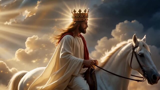 Second Coming of Jesus Christ King of Kings Riding White Horse Through Heavenly Clouds with Divine Light Rays Cinematic.