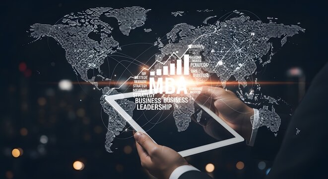 Global financial data analytics and business intelligence concept with world map and tablet in hands