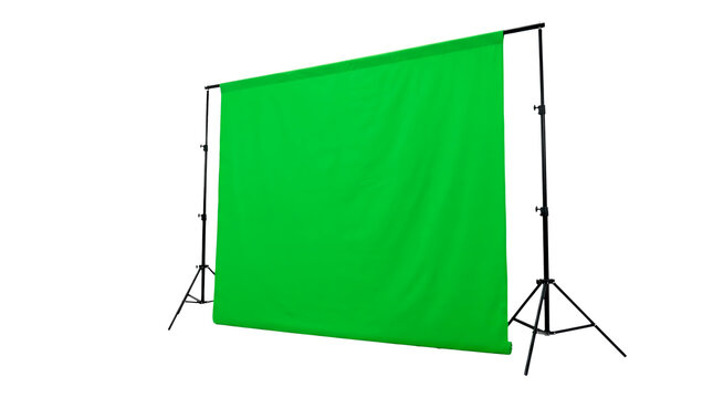 This image captures a fully assembled, professional-grade portable green screen chroma key backdrop kit, set up on a clean white studio background, Transparent PNG