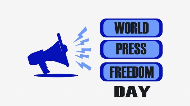 World Press Freedom Day Megaphone Animation on White Background Bold WORLD PRESS FREEDOM Text with Loudspeaker