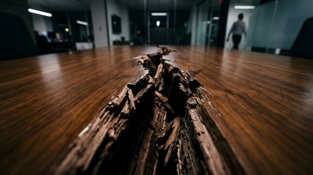 A deep jagged fissure tears through the center of a polished wooden conference table, a powerful visual metaphor for irreparable corporate conflict, broken trust, and organizational...