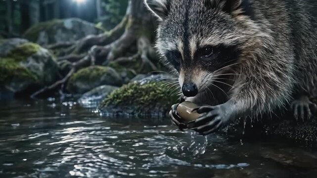 Raccoon washing its paws and a stone in a shallow forest stream with mossy rocks and tree roots