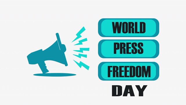 orld Press Freedom Day Megaphone Animation on White Background Centered Speaker with WORLD PRESS FREEDOM Text Below