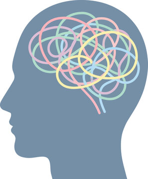 Head silhouette featuring tangled lines illustrates a state of confusion.