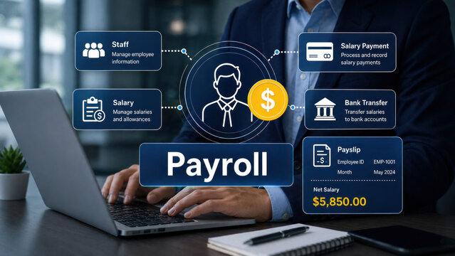 A business professional processing payroll on a laptop in an office