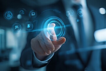 Fototapeta premium Concept of Human Resources Management with a digital interface and a pointing hand