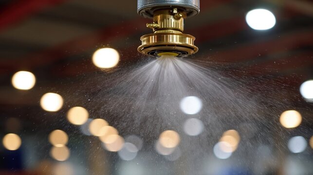 Ceiling sprinkler system spraying fine water mist for fire suppression