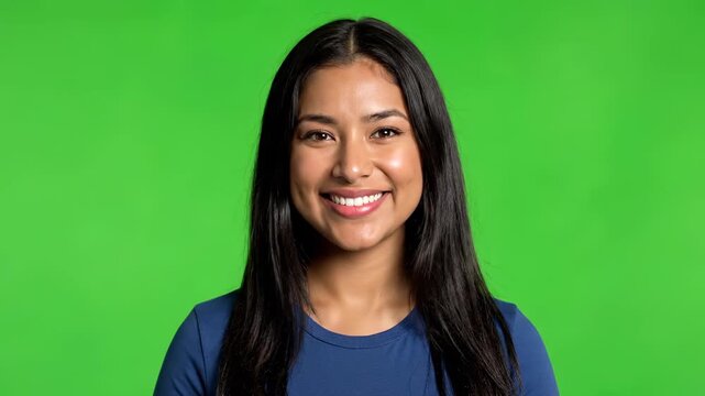 Smiling Brunette Woman: A radiant woman with flowing brunette hair and a warm smile exudes approachable confidence against a vivid green backdrop.