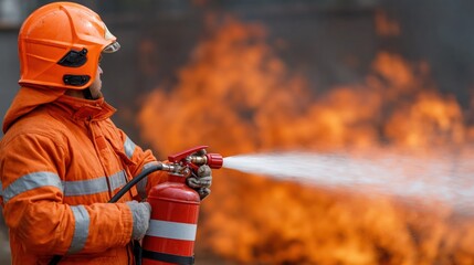 Fototapeta premium Firefighter in protective gear sprays water from an extinguisher onto a large fire
