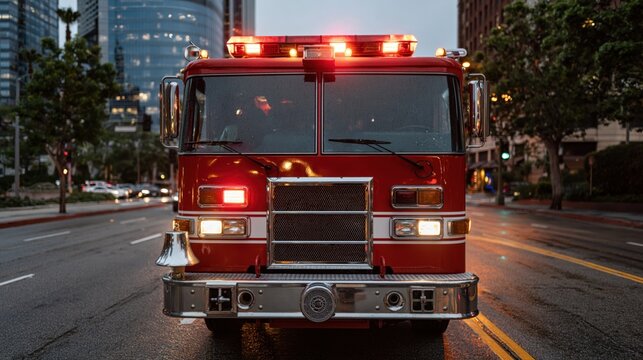 Front view of a red fire engine with flashing lights on a wet city street