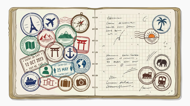 A traveler's open journal is filled with passport stamps, capturing moments from around the world. Featuring iconic travel symbols with handwritten notes.