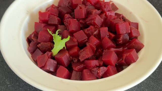 Beets cubes beetroot boiled or canned vegetable lunch or dinner tasty snack fresh, tasty gourmet food background on the table rustic food top view, copy space keto and paleo diets vegetarian and vegan