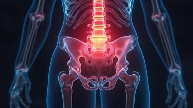 Human skeleton with highlighted lower back and pelvis area in red glow