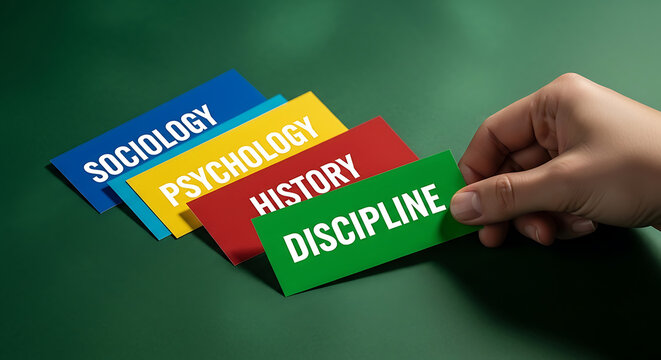hand holding colorful cards with academic disciplines