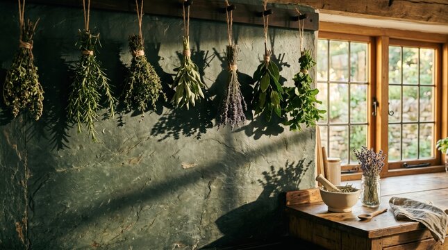 Bunches of dried herbs hanging from a rustic wooden beam, bathed in warm sunlight from a window, with a mortar and pestle on a wooden table, evoking a sense of natural wellness and traditional