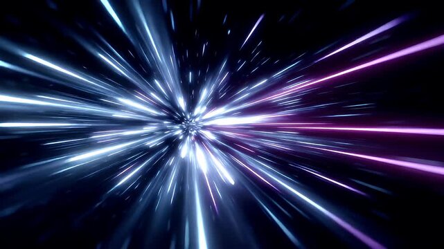 Space universe exploration, fantasy, mysterious. A vivid digital artwork depicts a burst of light, radiating outward in a starburst pattern. The burst is composed of streaks of blue, white, and pink.