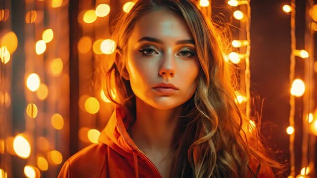 Woman with long hair standing in front of glowing orange string lights at night
