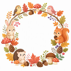 Obraz premium Whimsical Autumn Wreath: A captivating illustration showcases a delightful autumn wreath, with adorable woodland creatures and colorful foliage in a whimsical, inviting style.
