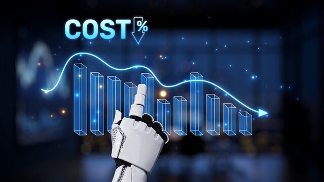 A robotic hand demonstrates a cost reduction graph in a sophisticated office setting, highlighting the intersection of technology and finance for business growth. Synapse