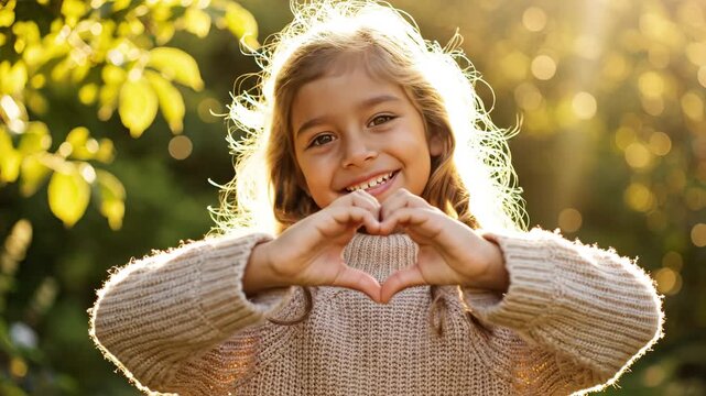 Young girl making heart shape with hands ideal for sleek commercial backgrounds and title sequences