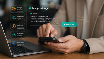 Fototapeta premium A person using AI tools on a laptop and smartphone for image generation