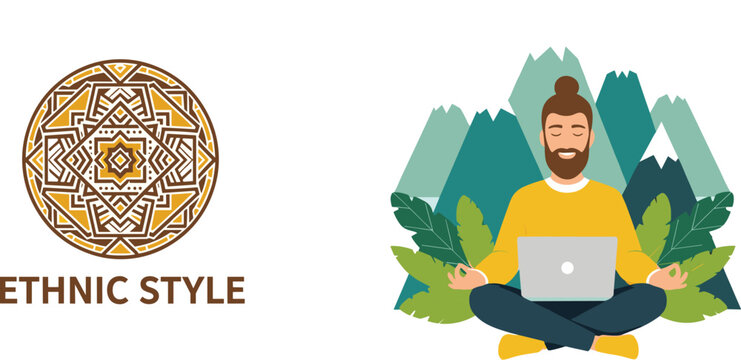 Ethnic Style Mandala Logo with Bearded Man Meditating Using Laptop in Nature Mountain Flat Vector Illustration