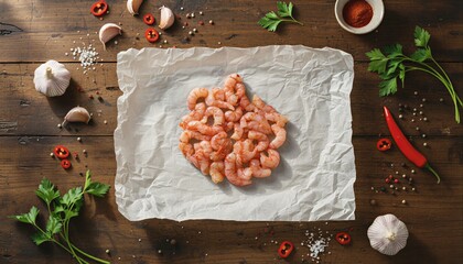 Fresh raw shrimp with herbs on rustic wood