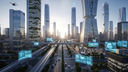 Obraz premium Modern cityscape with futuristic elements and technological displays