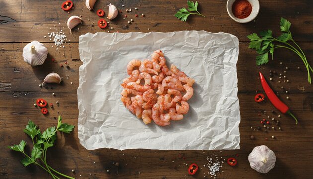 Fresh raw shrimp with herbs on rustic wood