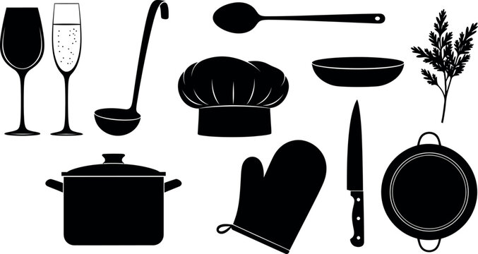 Culinary silhouette collection kitchen utensils and chef's hat in black and white