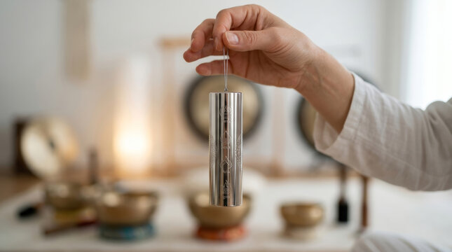 Close-up of a person's hand holding a cylindrical silver energy chime with engraved symbols, with a soft-focus background of meditation bowls and gongs in an indoor wellness studio.