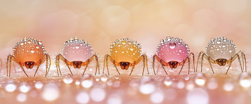 Rainbow Spiderlings in Dew Macro Shot of Colorful Spiders with Water Drops.
