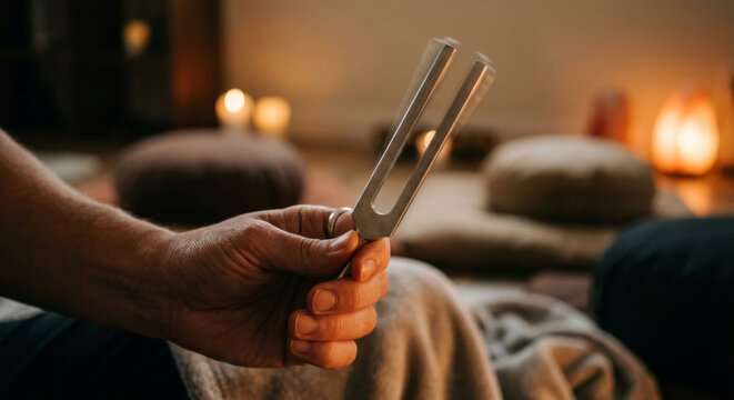 Close-up of a person's hand holding a vibrating metal tuning fork during a sound therapy session, set in a warm, dimly lit room with meditation cushions.