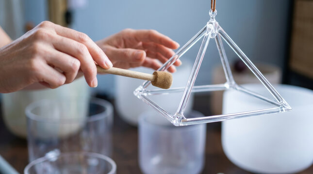 Close-up of a person's hand using a wooden mallet to strike a clear glass pyramid-shaped chime during a meditative sound therapy session in an indoor wellness studio.