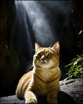 A shimmering yellow  Andean mountain cat  bathing in a cursed canyon