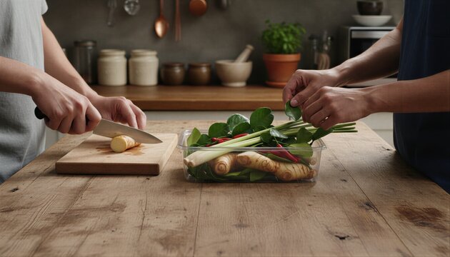 Friends cooking authentic Tom Yum in home kitchen