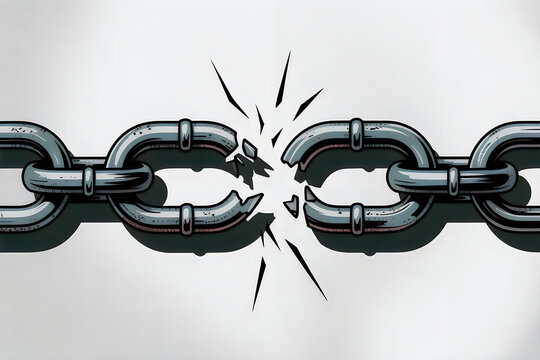 Broken chain link with cracked metal on gray background