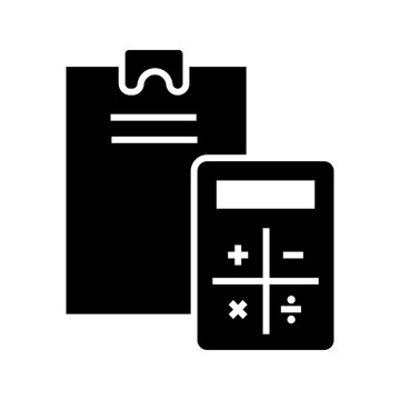 Calculator clipboard icon. Business and accounting filled symbol. Black and white.
