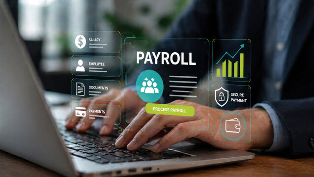A person using a laptop to manage payroll on an online platform
