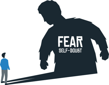 Businessman faces a giant shadow representing fear and deep self-doubt today.