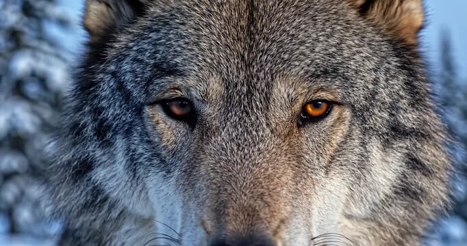 Close-up Portrait of a Wolf Opening Its Amber Eyes in Winter Forest