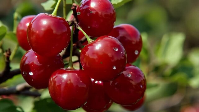 A cluster of ripe red cherries hanging from a tree branch with green leaves on a sunny day