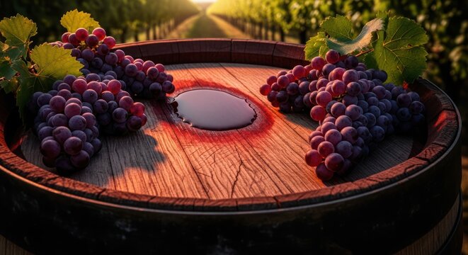 Grapes on wine barrel.