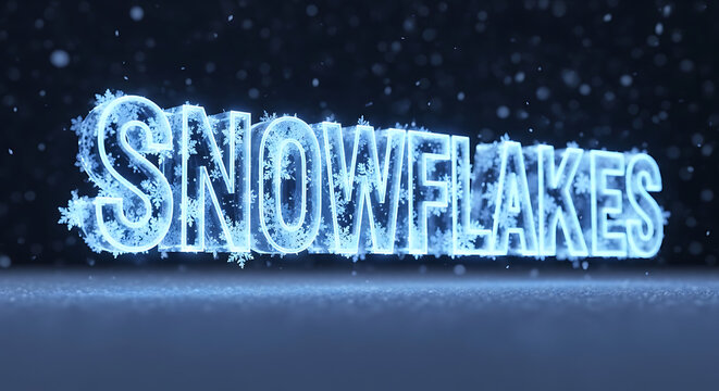 The word 'SNOWFLAKES' is rendered in glowing, icy blue 3D letters with swirling ice crystals and falling snow particles against a dark, atmospheric winter background.