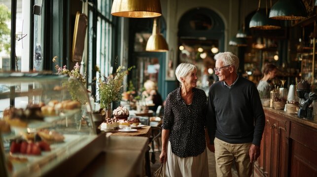 Happy couple enjoying a walk together in a charming caf&eacute;, capturing a moment of authentic lifestyle and connection