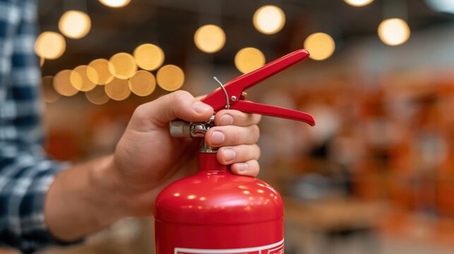 Hand gripping the red trigger handle of a fire extinguisher for safety measures