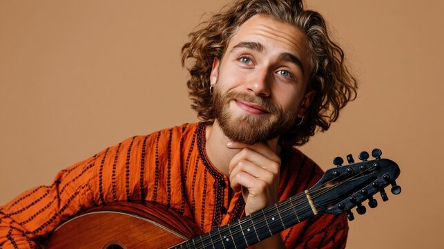 Young musician with acoustic instrument in creative thoughtful pose on beige background