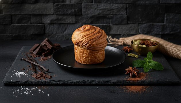 Gourmet cruffin on dark slate with dramatic lighting